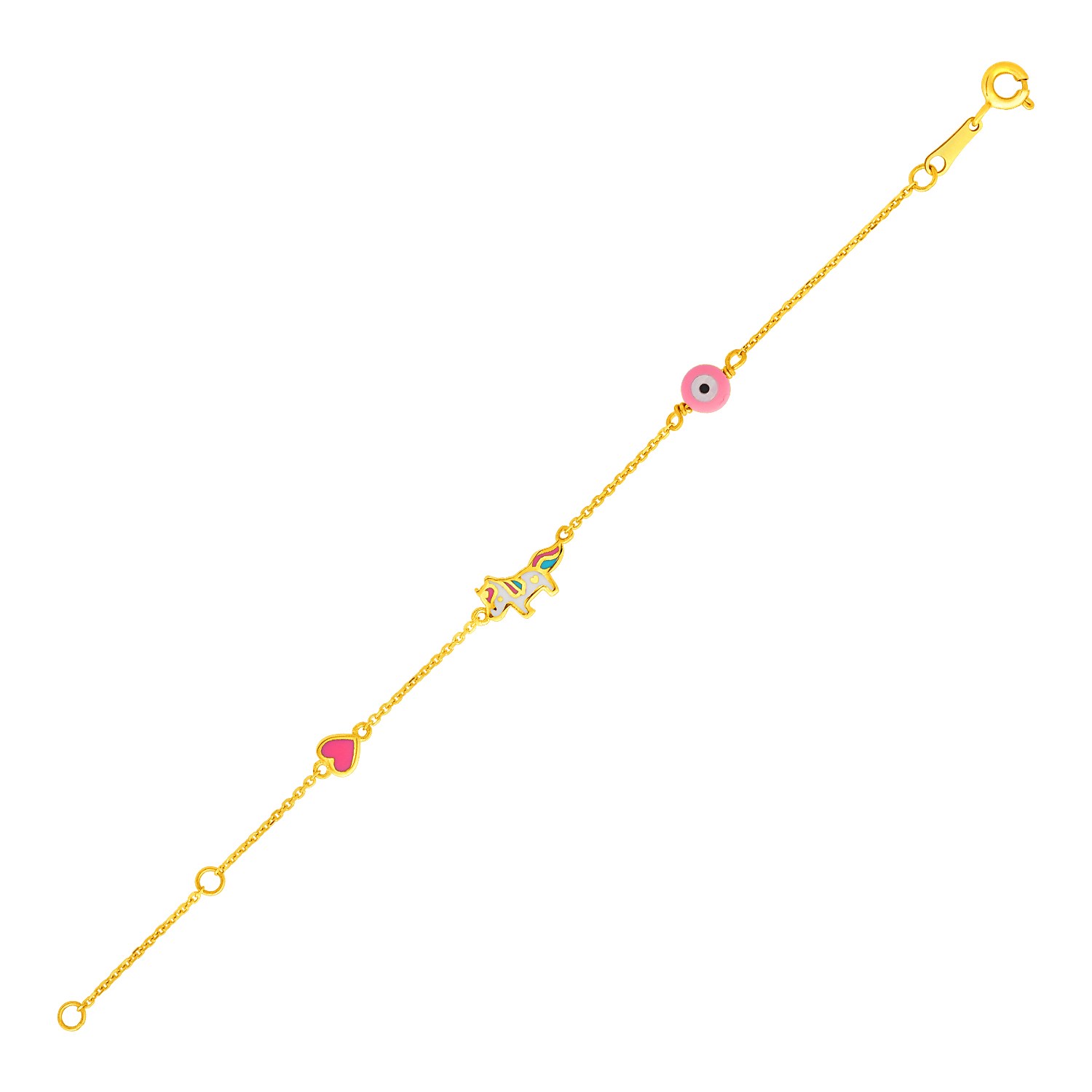 d24878827-1-2-1-1-1-1-1.jpg 14k Yellow Gold Childrens Bracelet with Enameled Heart Unicorn and Circle - Image 1