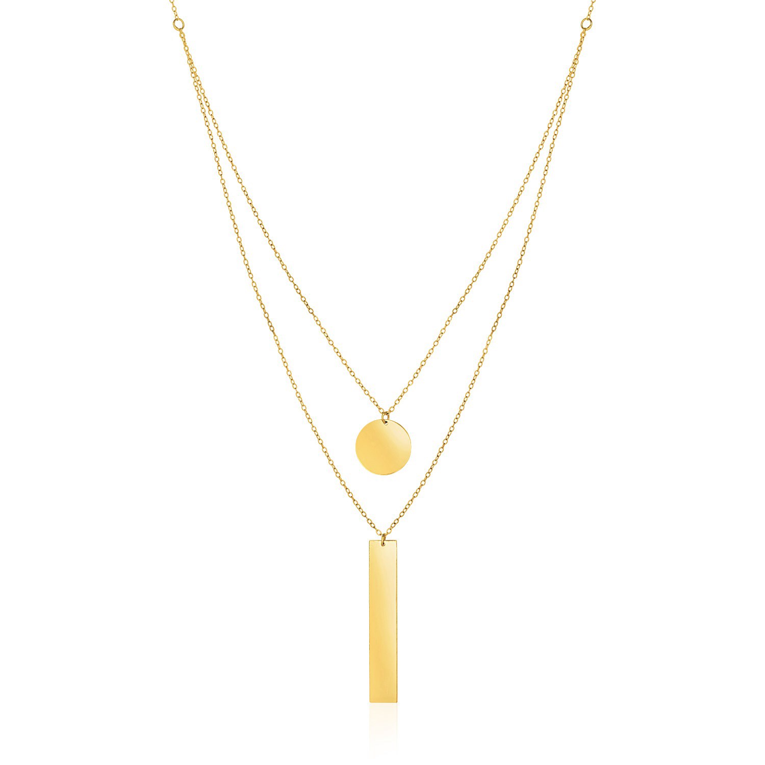 d28931354-1-1-2-1-1-1-1-1.jpg 14k Yellow Gold 18 inch Two Strand Necklace with Circle and Bar Pendants - Image 1