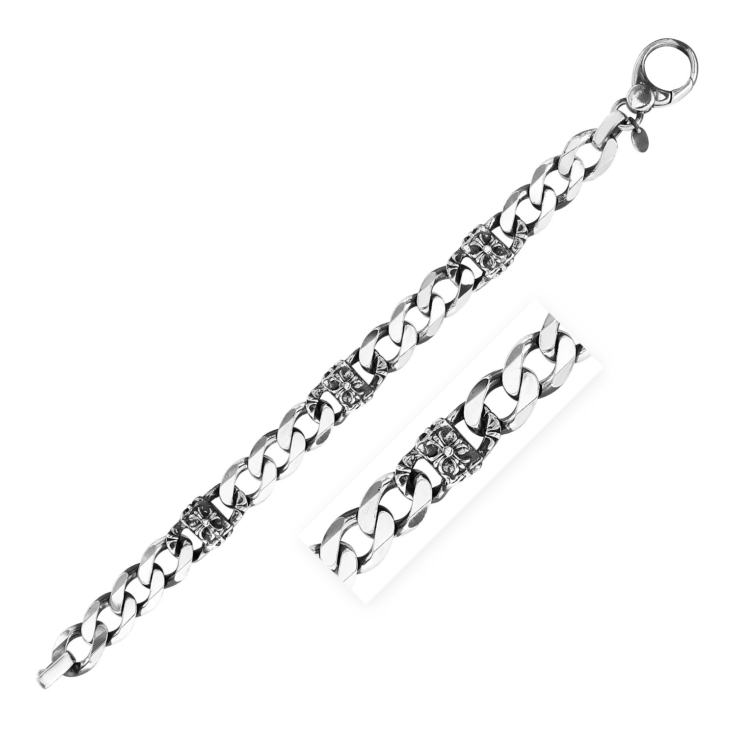 d53275688-1-2-1-1-1-1-1-1-1-1-1.jpg Sterling Silver Gunmetal Finish Cuban Link Bracelet with Floral Design(11.50 mm) - Image 1